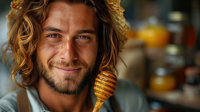 a funny and handsome man holding a jar of honey and a wooden spoon, with honey dripping from the spoon onto a green background, inviting viewers to indulge in sweetness.