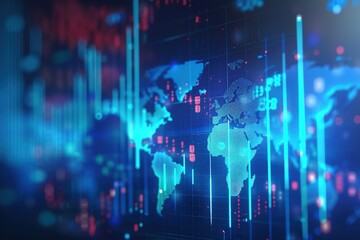 Business growing chart. bright blue graph with world map in background 3d animation. Business, success, stock exchange, rising markets, financial and economy diagram modern conceptual concept