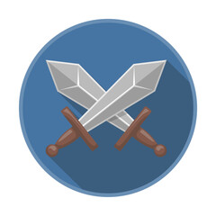 Illustration of cartoon style crossed swords made of metal, suitable for medieval festival decorations. Ideal for icons, stamps, labels, certificates, gift cards, invitations, coupons, or sale banner