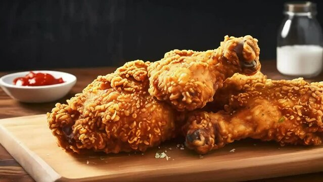 fried korean cripy chicken, crispy fried chicken, fried food, korean Barbq sauce, made with Ai generative technology, stock video, food stock videos, 4k video