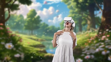 Excited woman looking around by VR surround enchant wonderful fairytale forest wild flower with...