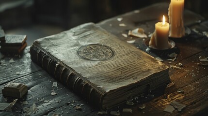 Ancient book with cryptic symbols on a dusty table, candlelit photo, ideal for themes of dark magic and mystery