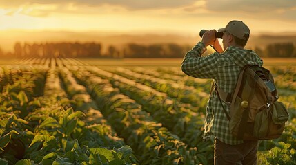 Fototapeta premium a hunter, equipped with binoculars and a map, scouting a vast glass agricultural field, where rows of crops extend into the distance, painting a scene of exploration and anticipation.