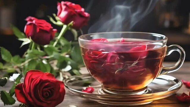 Red rose tea in tea cup, red roses tea in tea pot, hot steaming red roses tea, herbal tea, healthy diet, seamless looping, 4k videos, asmr, calming video, relaxing nature