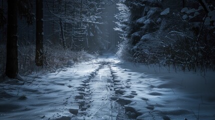 Chilling night time shot of a snowy path with footprints leading into the woods, perfect for winter horror stories.