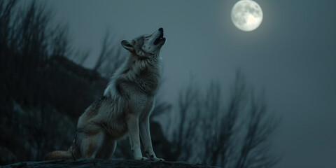 Wolf Silhouette vor Vollmond in der Nacht, ai generativ