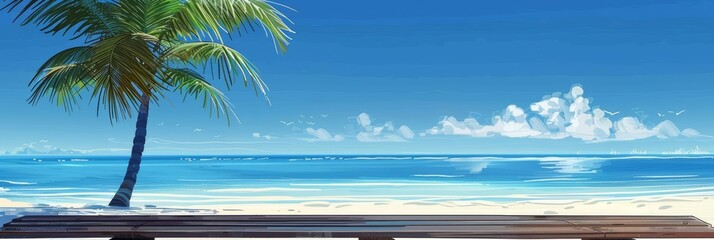Illustration capturing the essence of a peaceful summer holiday, featuring a solitary coconut palm tree against a wooden table on the shore