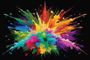 colorful rainbow holi paint color powder explosion vector, isolated wide black panorama background