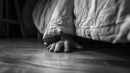 Chilling scene of a hand emerging from beneath a bed, photograph perfect for instilling primal fears and thrilling narratives.