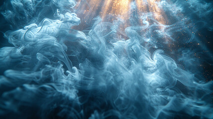 Whispers of smoke intertwining with beams of light, forming ephemeral patterns that seem to...