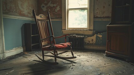 An eerie sight: an abandoned house with a rocking chair moving subtly, the photo intensifying the unsettling aura of emptiness.