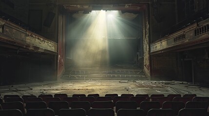 Experience the haunting stillness of a solitary spotlight illuminating a desolate stage in an abandoned theater, capturing eerie silence. - obrazy, fototapety, plakaty