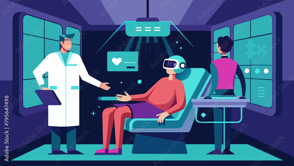 Poster a the and patient in a room full of virtual reality technology as the patient is guided through a co