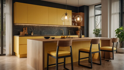 Kitchen interior in yellow color decoration