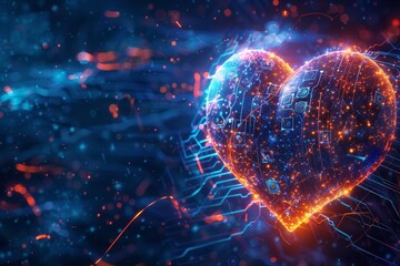 In the realm of quantum technology, glowing circuits form the silhouette of a heart, pulsing with the rhythm of digital love, background concept