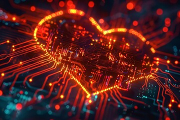 In the realm of quantum technology, glowing circuits form the silhouette of a heart, pulsing with the rhythm of digital love, background concept
