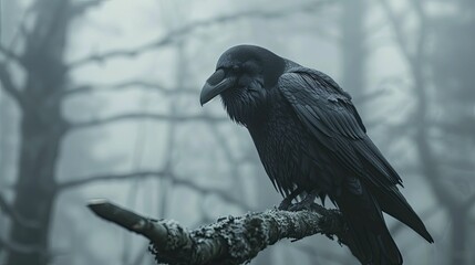 Fototapeta premium Close up photo of a raven perched ominously on a branch during a misty morning, perfect for symbolizing doom and mystery in narratives.