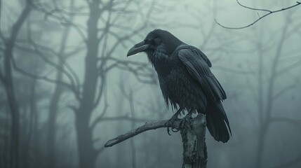 Obraz premium Captured in the eerie mist of dawn, the raven perches on a branch, embodying a foreboding sense of dread ideal for storytelling.