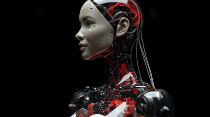 A woman with a robotic face and a red head. The woman is wearing a black outfit