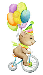 The bear is a circus performer, on a bicycle with balloons
