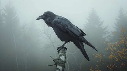 A solitary raven, perched on a misty branch at dawn, embodies an aura of impending darkness and enigmatic allure in storytelling. - obrazy, fototapety, plakaty