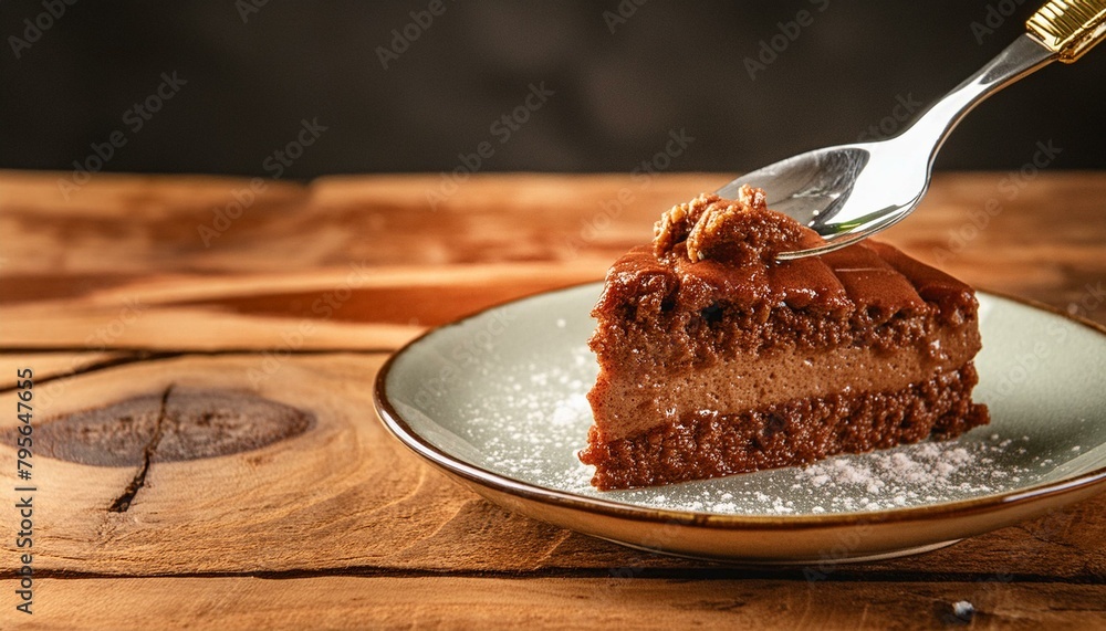 Wall mural A slice of chocolate cake on a dessert plate. Fork in the composition. Wooden table.
