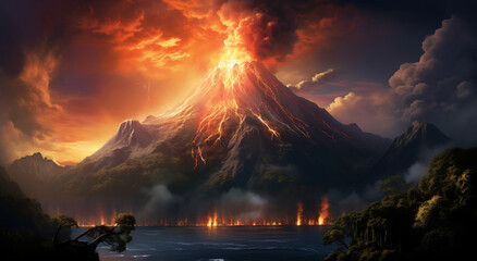 Volcano rising in the middle of lake