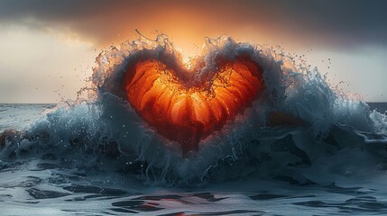 Ocean waves shaping a heart pattern lighted by the sunset.