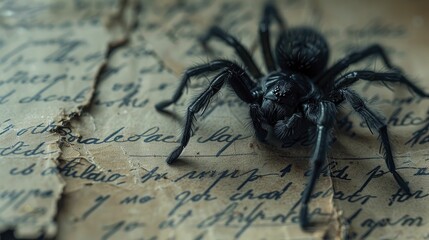 Creepy close up of a spider crawling over an old, handwritten letter, photograph emphasizing the creepy and the crawly, ideal for Halloween promotions. - obrazy, fototapety, plakaty