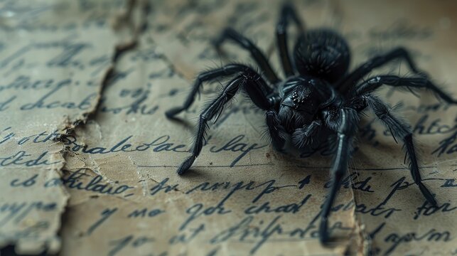 Creepy close up of a spider crawling over an old, handwritten letter, photograph emphasizing the creepy and the crawly, ideal for Halloween promotions.