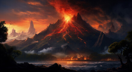 Volcano erupting in the night