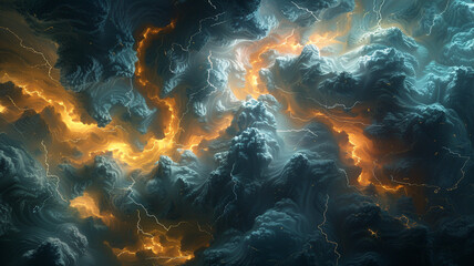 Abstract patterns of swirling clouds illuminated by bursts of digital lightning, casting fleeting shadows on the virtual landscape below. - obrazy, fototapety, plakaty