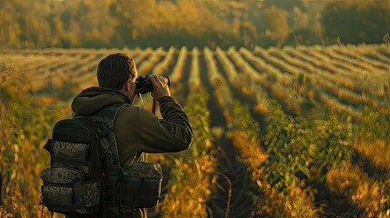 a hunter, equipped with binoculars and a map, scouting a vast glass agricultural field, where rows of crops extend into the distance, painting a scene of exploration and anticipation. - obrazy, fototapety, plakaty
