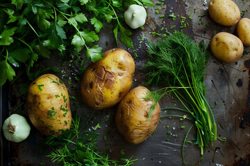 Fresh Potatoes and Herbs on Rustic Kitchen Table