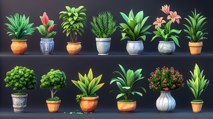 Modern Cartoon Icons Set Highlighting Plants and 3D Images