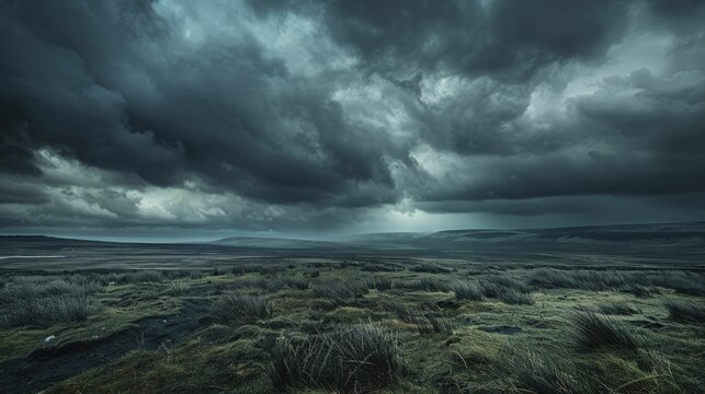 Dark, ominous clouds gathering over a desolate moor, photograph enhancing the atmosphere of impending doom, ideal for dark fantasy stories.