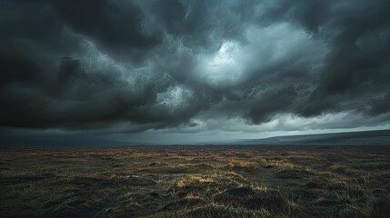 A desolate moor under dark, ominous clouds, captured in a photograph radiating an aura of impending doom, perfect for dark fantasies. - obrazy, fototapety, plakaty