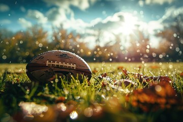 Close up of rugby ball on field