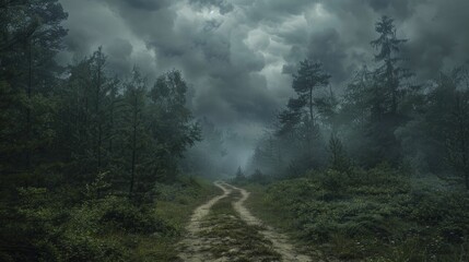 Dark forest path under a stormy sky, photograph conveying the threat of natural and supernatural forces, great for adventure horror stories. - obrazy, fototapety, plakaty