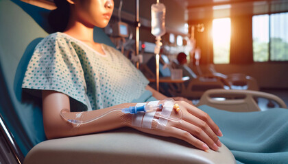 Close up young or teenager patient lying on hospital bed while receiving an intravenous saline drip to recover from illness. healthcare treatment concept
