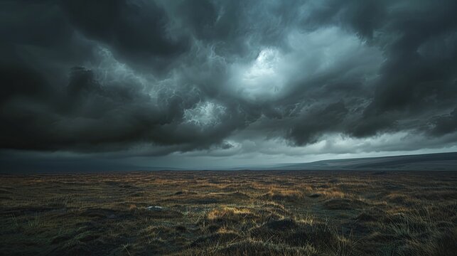 A desolate moor under dark, ominous clouds, captured in a photograph radiating an aura of impending doom, perfect for dark fantasies.