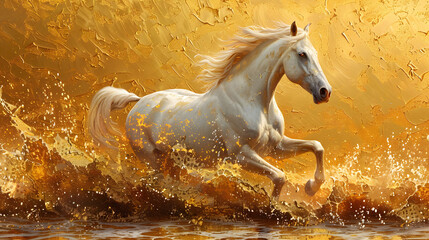 Modern Art Chinoiserie Golden Brushstrokes on Horse Canvas