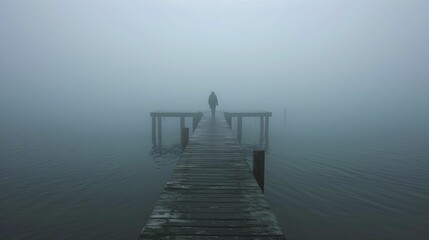 A mysterious presence looms at the pier's edge in dense fog, the eerie image evoking an unsettling sense of anticipation and dread.
