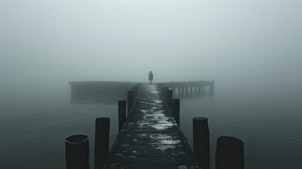 A mysterious presence looms at the edge of a mist-shrouded dock, casting an eerie aura of tension and uncertainty.