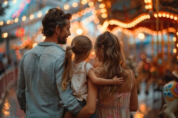 A family enjoys a heartwarming moment, watching the lights of a carnival at dusk, creating a timeless memory