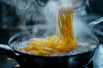 Pasta Cooking in Wok on Stove