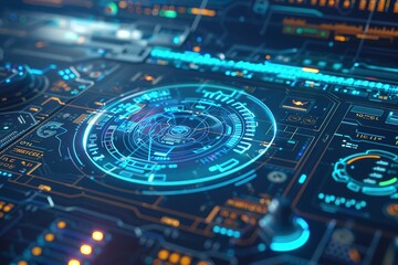 Computer animated hi tech, mechanical technology background with blue holographic HUD rotating on bright virtual screen with animated interface