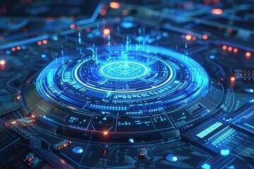 Computer animated hi tech, mechanical technology background with blue holographic HUD rotating on bright virtual screen with animated interface