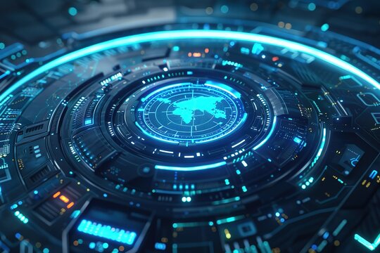 Computer animated hi tech, mechanical technology background with blue holographic HUD rotating on bright virtual screen with animated interface