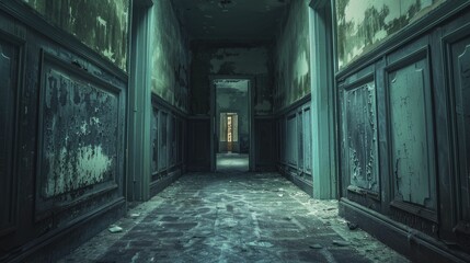 An unsettling hallway captured in a photo suggests concealed fears and ghostly narratives waiting to be unveiled through its mysterious doors. - obrazy, fototapety, plakaty